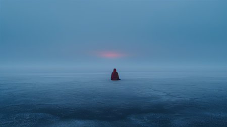a lone figure standing in the middle of a frozen lakeの素材