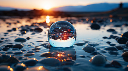 a glass ball sitting on a beach with a sunset in the backgroundの素材