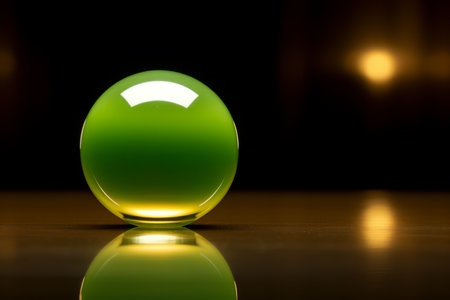a green glass ball sitting on top of a tableの素材