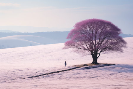 a lone person standing in front of a pink tree in the middle of a snowy fieldの素材