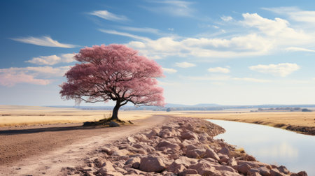 a lone pink tree on the side of the roadの素材