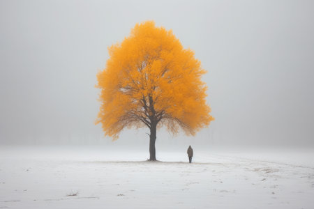a lone person standing under an orange tree in the snowの素材