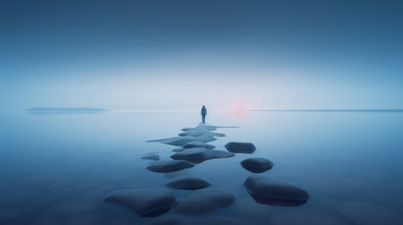 a lone person standing on a path in the waterの素材