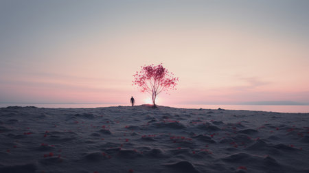 a lone person standing in front of a red tree on a beachの素材