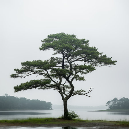 a lone pine tree stands in front of a body of water on a foggy dayの素材