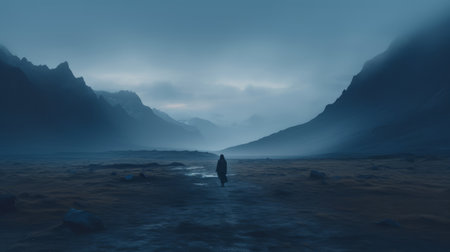a lone person standing in the middle of a mountain rangeの素材