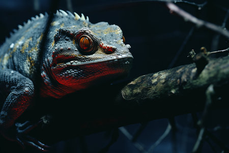 a lizard sitting on a branch in the darkの素材