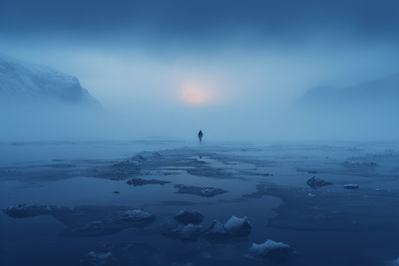 a lone person standing in the middle of a foggy lakeの素材