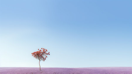 a lone tree in a purple field with a blue sky in the backgroundの素材