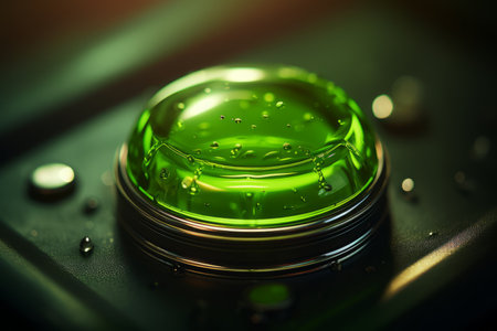 a green button with water droplets on itの素材