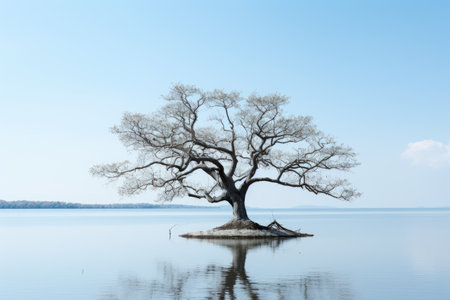 a lone tree in the middle of a body of waterの素材