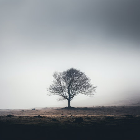 a lone tree in the fog on a hillの素材