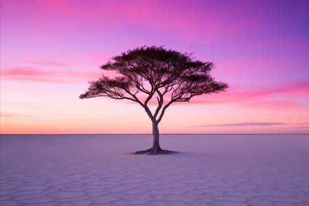 a lone tree in the middle of a desert at sunsetの素材