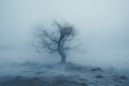 a lone tree in a foggy fieldの素材