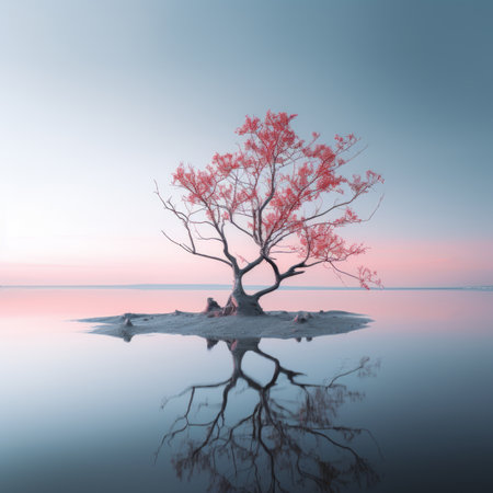 a lone tree in the middle of a body of waterの素材