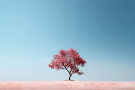a lone pink tree in the middle of a fieldの素材