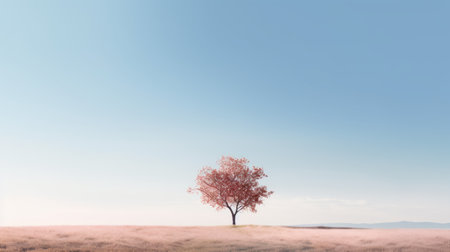 a lone tree in a field with a blue sky in the backgroundの素材
