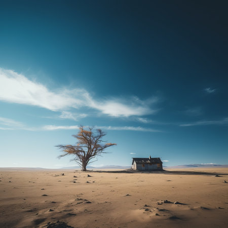 a lone tree in the middle of a desert with a house in the backgroundの素材