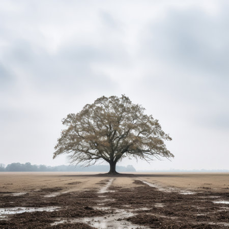 a lone tree in the middle of a muddy fieldの素材