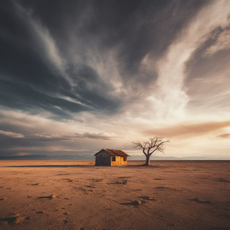 a lone tree in the middle of the desert under a cloudy skyの素材
