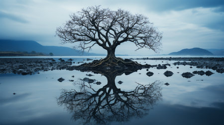 a lone tree is reflected in the waterの素材