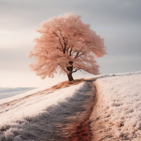 a lone tree on a snowy hill in the middle of a fieldの素材