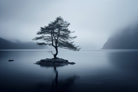 a lone tree is standing on an island in the middle of a lakeの素材
