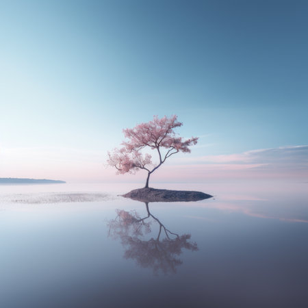 a lone tree on an island in the middle of a lakeの素材