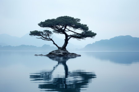 a lone tree is standing on an island in the middle of a lakeの素材