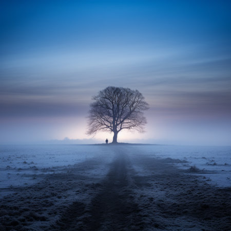 a lone tree stands in the middle of a foggy fieldの素材