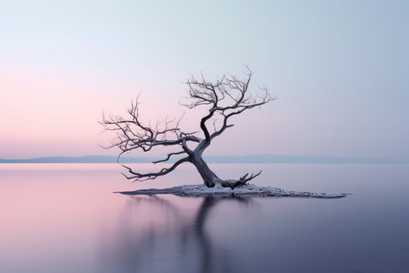 a lone tree on an island in the middle of a lakeの素材