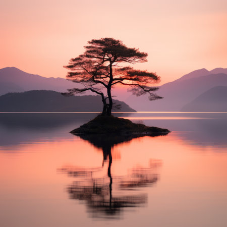 a lone tree on an island in the middle of a lake at sunsetの素材