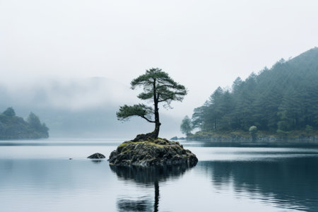 a lone tree on an island in the middle of a lakeの素材