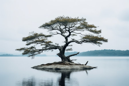a lone tree on an island in the middle of a lakeの素材