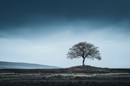 a lone tree stands alone in the middle of a fieldの素材