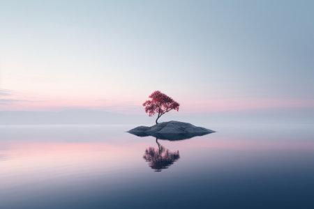 a lone tree on an island in the middle of a lake