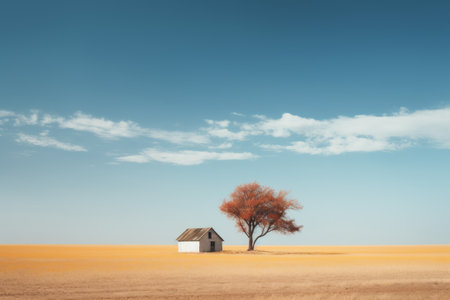 a lone tree stands alone in the middle of an empty fieldの素材