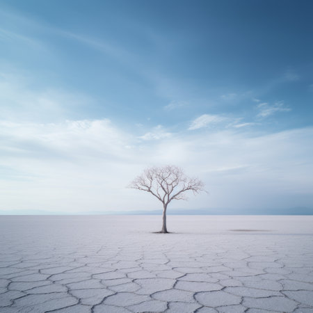 a lone tree stands in the middle of an empty desertの素材