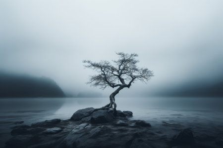 a lone tree stands on a rock in the middle of a foggy lakeの素材