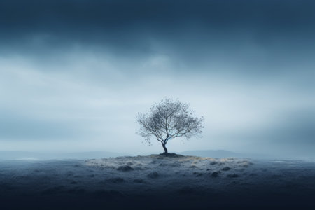 a lone tree stands on a hill in the middle of a foggy fieldの素材