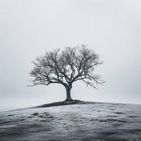 a lone tree stands on a snowy hill in the middle of a foggy dayの素材