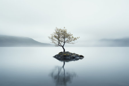 a lone tree stands on an island in the middle of a lakeの素材