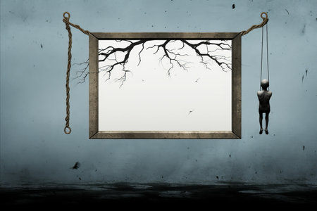 a man hanging from a rope in front of a frame with a tree in the backgroundの素材
