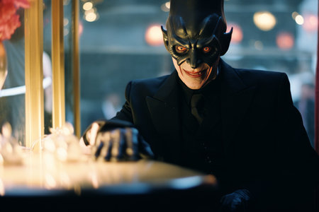 a man dressed as the joker is sitting at a tableの素材