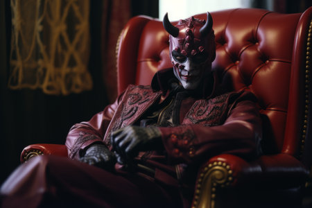a man dressed as a devil sitting in a red chairの素材