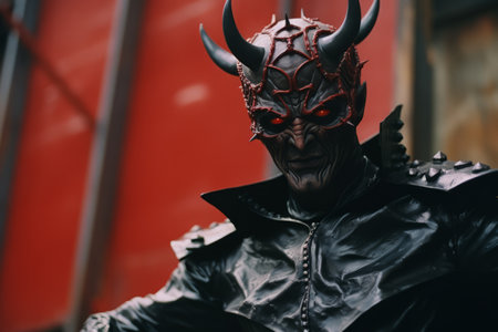 a man dressed as a devil with horns on his headの素材