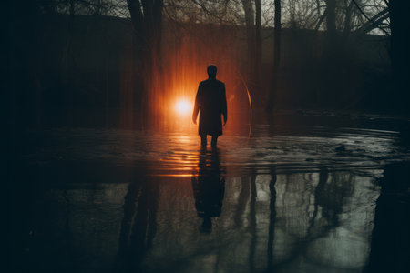 a man standing in the water at night with the sun in the backgroundの素材