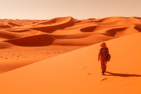 a man in an orange suit walking through the desertの素材