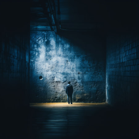 a man standing in an empty dark tunnelの素材