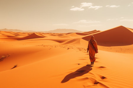a man in an orange robe walks through the desert in the saharaの素材